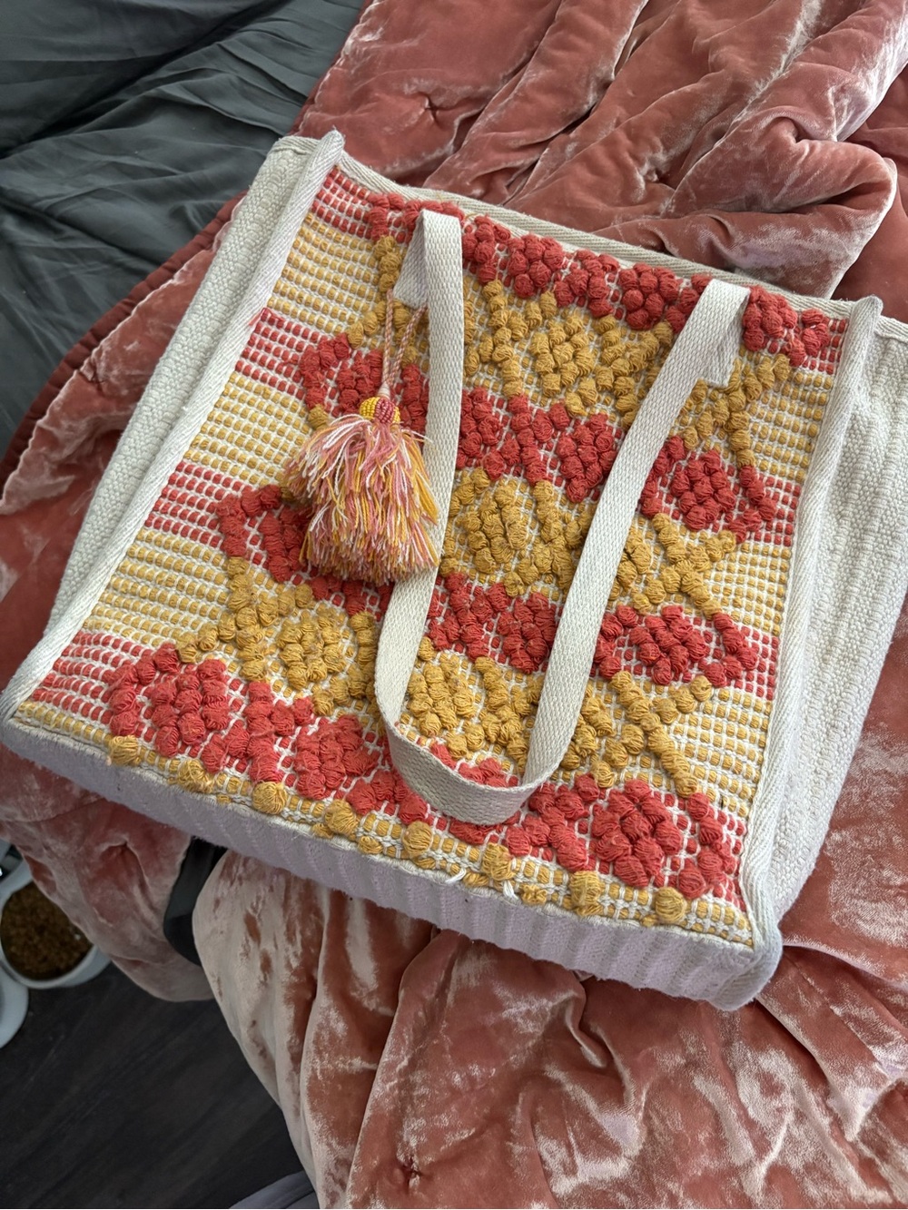 Mossimo Supply Co. Coral and Mustard Woven Pom-Tassel Tote